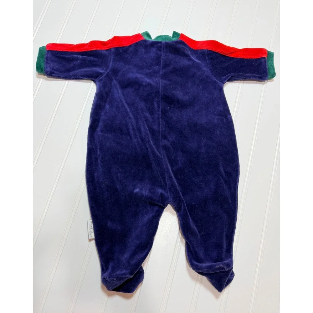 Little Me Vintage Baby Velour Footed Sleeper Navy Blue Bear Pockets 3-6 Months